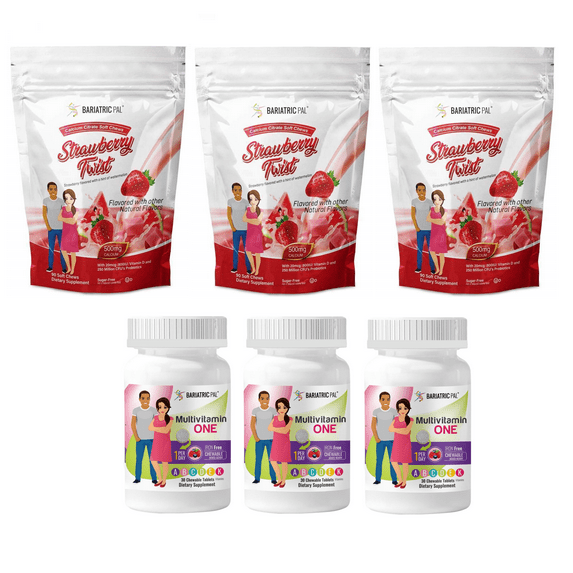 Gastric Sleeve Complete Vitamin Pack - Chewables Size: 3-Month Supply, BariatricPal Multivitamin ONE: Mixed Berry Iron Free Chewable, BariatricPal Calcium Citrate Soft Chews: Strawberry Twist