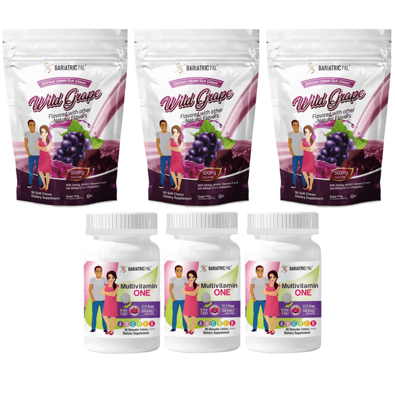 Gastric Sleeve Complete Vitamin Pack - Chewables Size: 3-Month Supply, BariatricPal Multivitamin ONE: Orange Citrus Chewable - Iron Free, BariatricPal Calcium Citrate Soft Chews: Wild Grape