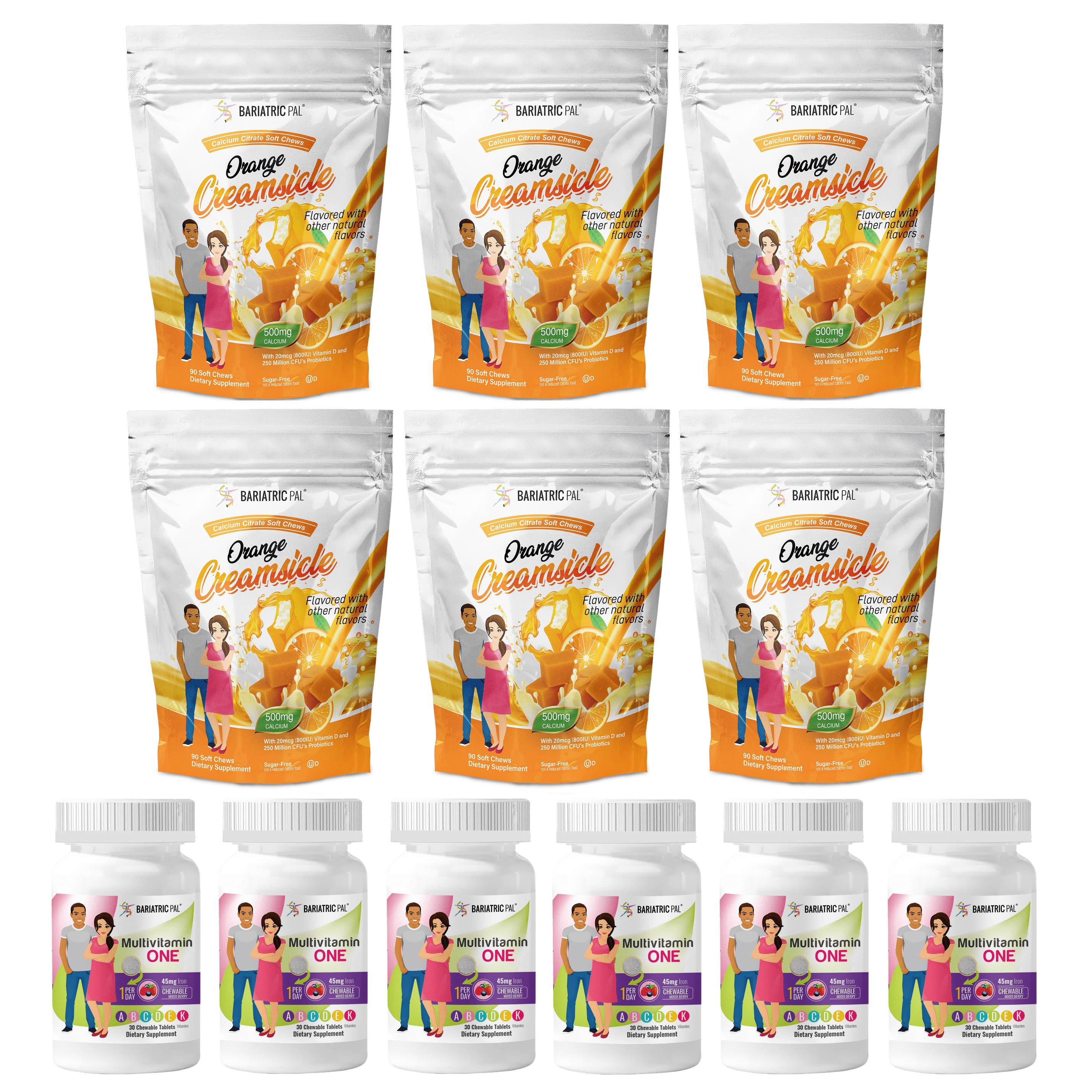 Gastric Sleeve Complete Vitamin Pack - Chewables Size: 6-Month Supply, BariatricPal Multivitamin ONE: Mixed Berry Chewable with 45mg Iron, BariatricPal Calcium Citrate Soft Chews: Orange Creamsicle