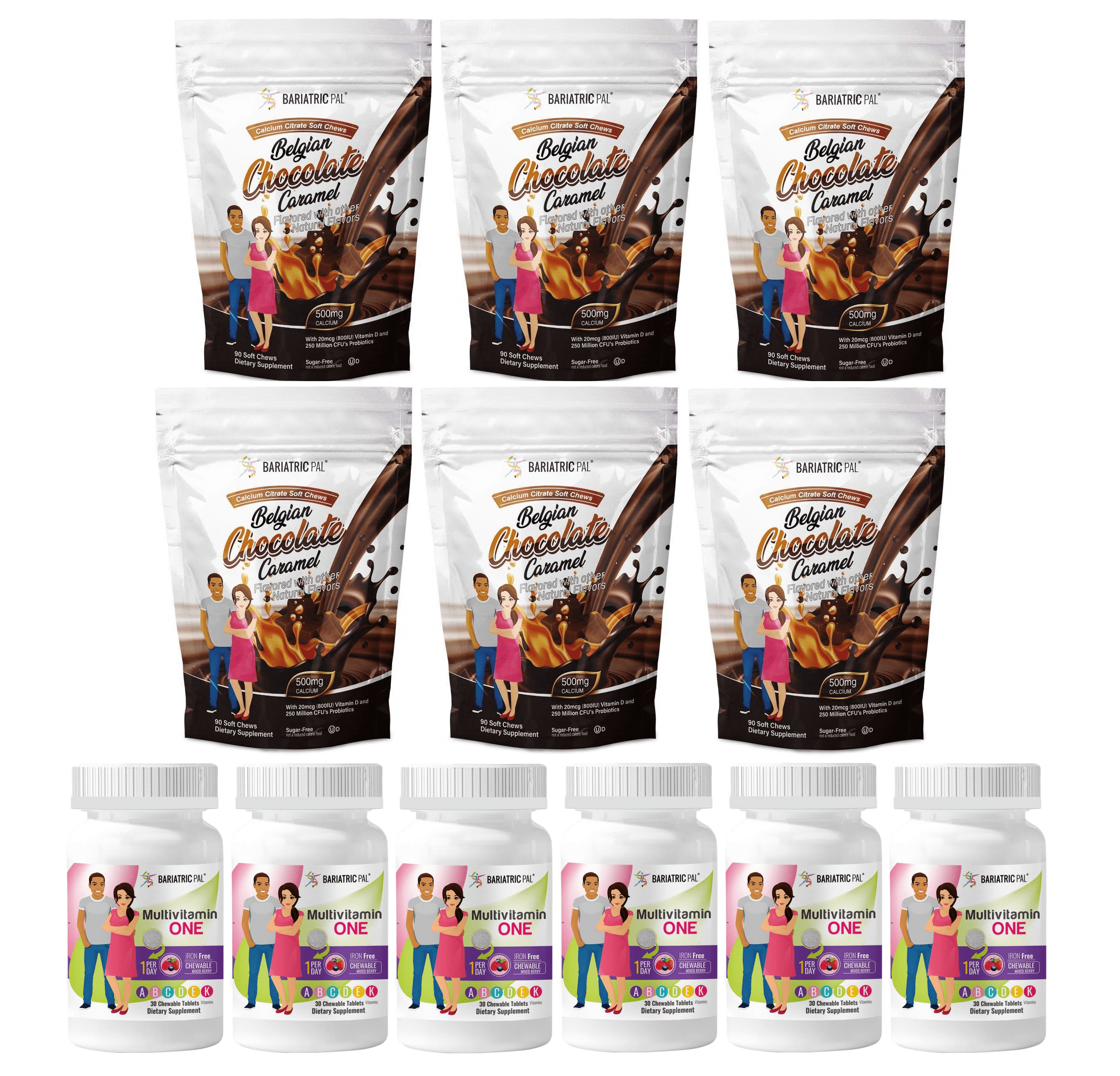 Gastric Sleeve Complete Vitamin Pack - Chewables Size: 6-Month Supply, BariatricPal Multivitamin ONE: Mixed Berry Iron Free Chewable, BariatricPal Calcium Citrate Soft Chews: Belgian Chocolate Caramel