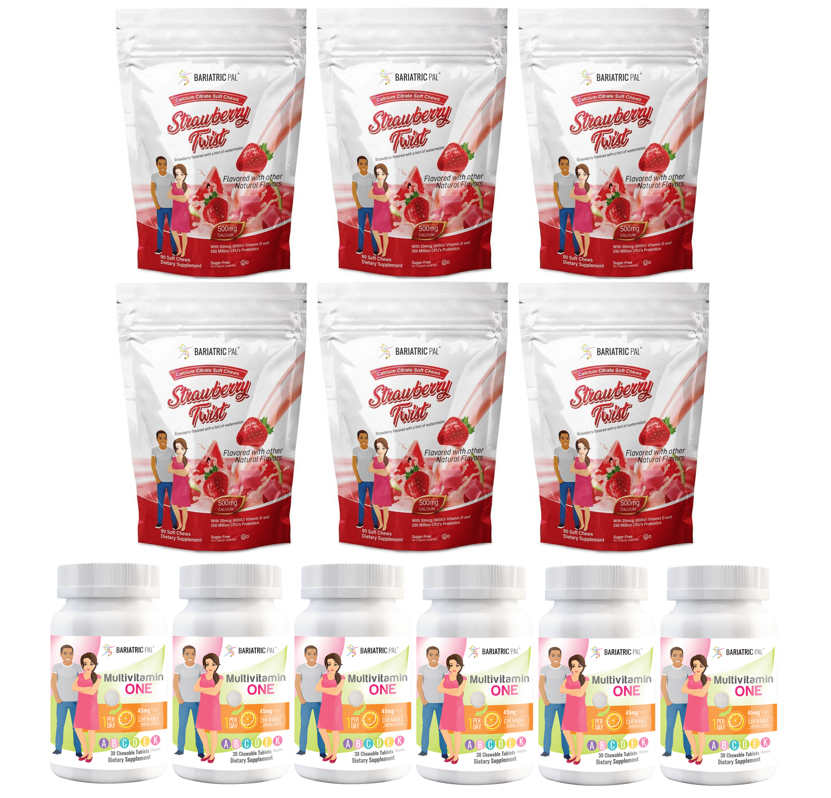Gastric Sleeve Complete Vitamin Pack - Chewables Size: 6-Month Supply, BariatricPal Multivitamin ONE: Orange Citrus Chewable with 45mg Iron, BariatricPal Calcium Citrate Soft Chews: Strawberry Twist