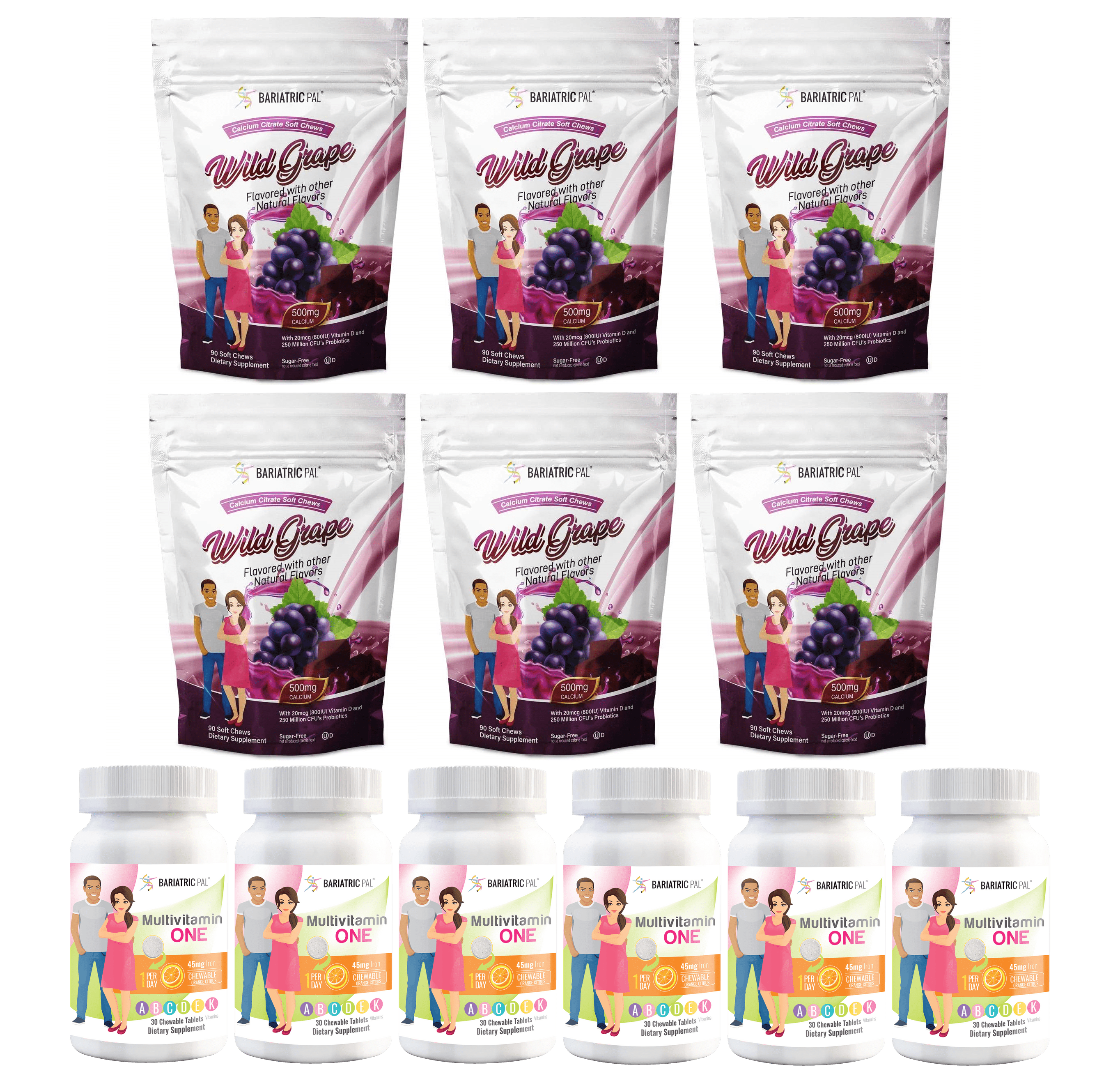Gastric Sleeve Complete Vitamin Pack - Chewables Size: 6-Month Supply, BariatricPal Multivitamin ONE: Orange Citrus Chewable with 45mg Iron, BariatricPal Calcium Citrate Soft Chews: Wild Grape