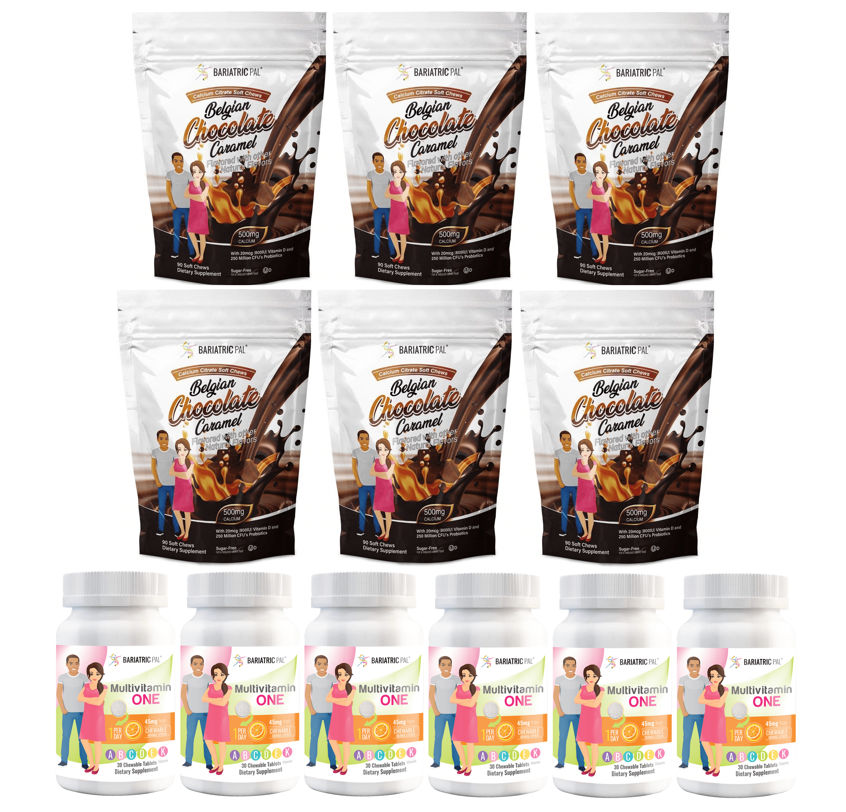 Gastric Sleeve Complete Vitamin Pack - Size: 6-Month Supply, BariatricPal Multivitamin ONE: Orange Citrus Chewable with 45mg Iron, BariatricPal Calcium Citrate Soft Chews: Belgian Chocolate Caramel