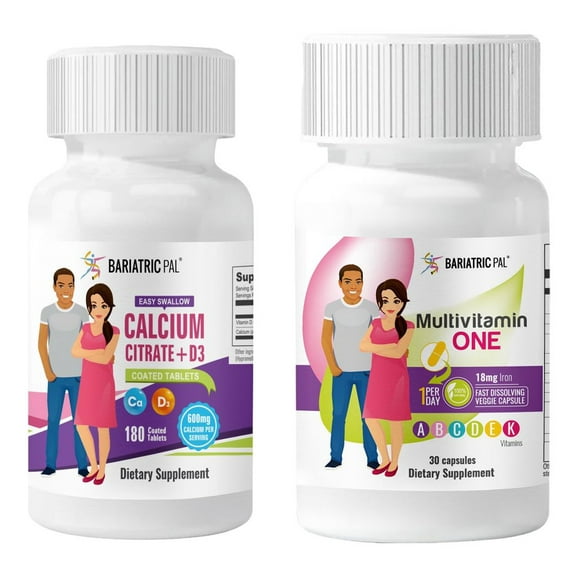 Gastric Sleeve Complete Vitamin Pack - Tablets BariatricPal Multivitamin ONE & BariatricPal Easy Swallow Calcium Citrate and D3 Coated Tablets: Capsule with 18mg Iron, Size: 30-Day Supply