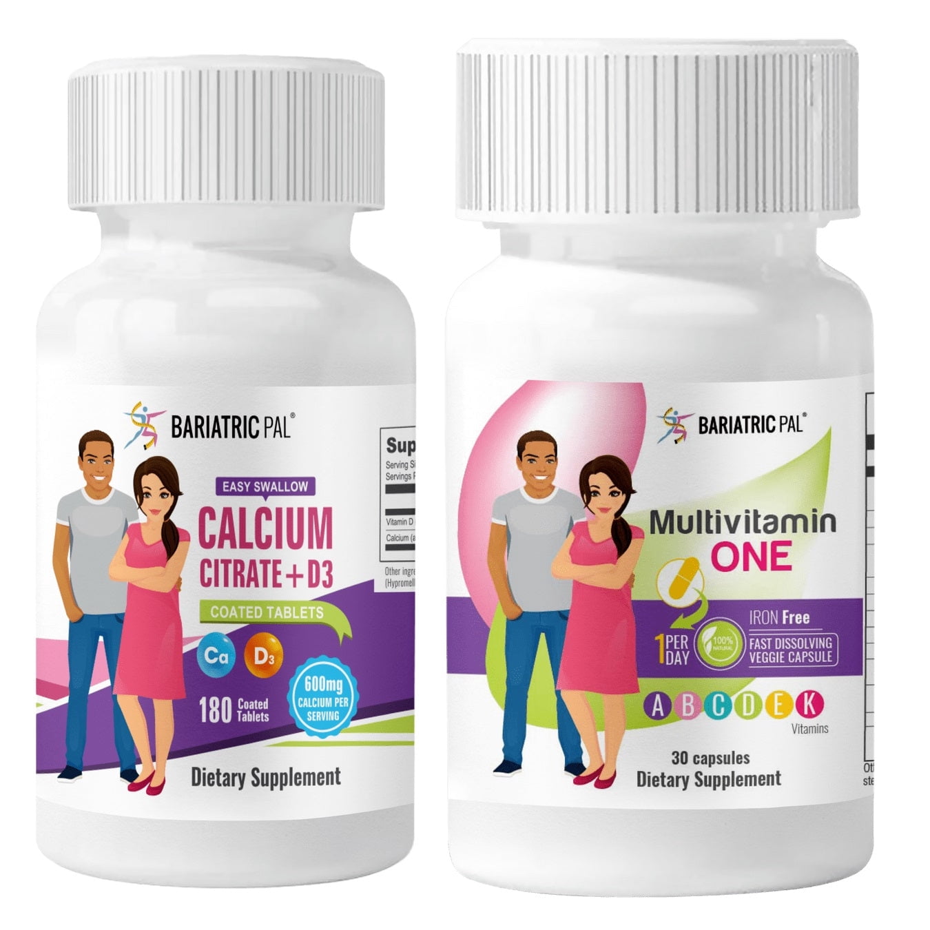 Gastric Sleeve Complete Vitamin Pack - Tablets BariatricPal Multivitamin ONE & BariatricPal Easy Swallow Calcium Citrate and D3 Coated Tablets: Capsule - Iron Free, Size: 30-Day Supply