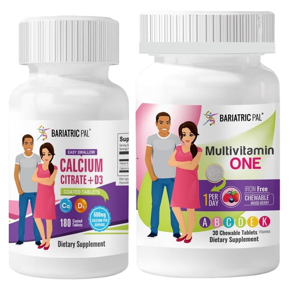 Duodenal Switch Vitamin Pack - Tablets BariatricPal Multivitamin ONE & BariatricPal Easy Swallow Calcium Citrate and D3 Coated Tablets: Mixed Berry Chewable - Iron Free, Size: 30-Day Supply