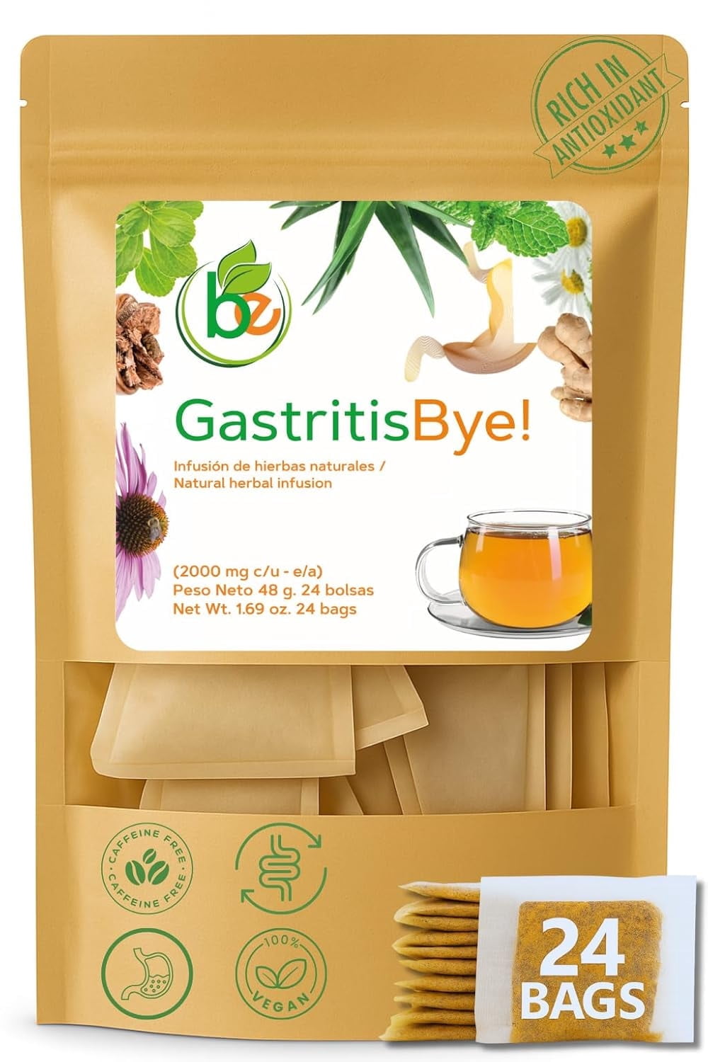 Gastritis-BYE Herbal Tea  Herbal Infusion for Digestive Comfort  24 Tea  Bags  Ginger, Chamomile, Boldo, Aloe Vera, Mint, Arnica & Cuachalalate   ...