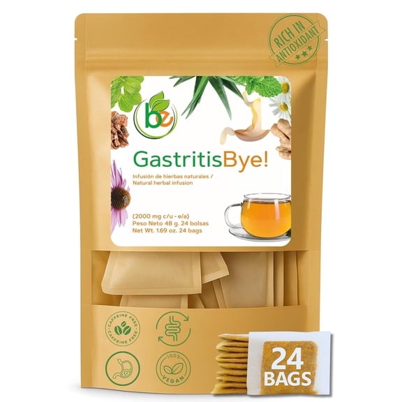 Gastritis-BYE Herbal Tea Herbal Infusion for Digestive Comfort 24 Tea Bags Ginger, Chamomile, Boldo, Aloe Vera, Mint, Arnica & Cuachalalate 100% Natural, Non-GMO, Caffeine-Free