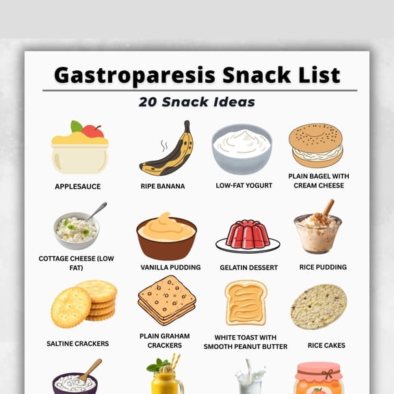 Gastroparesis Snack List Poster, Gastroparesis Dietary Snacks, Soft Snack List Poster, Low Fiber Snack Ideas, 20 Snack Ideas Chart Poster