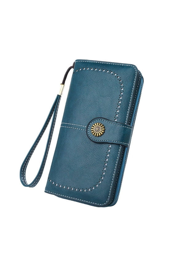 Womens Wallet,Leather Wallets for Women with Bronze Snap Closure,Credit Card Wallet with Smooth Zipper,Navy Blue