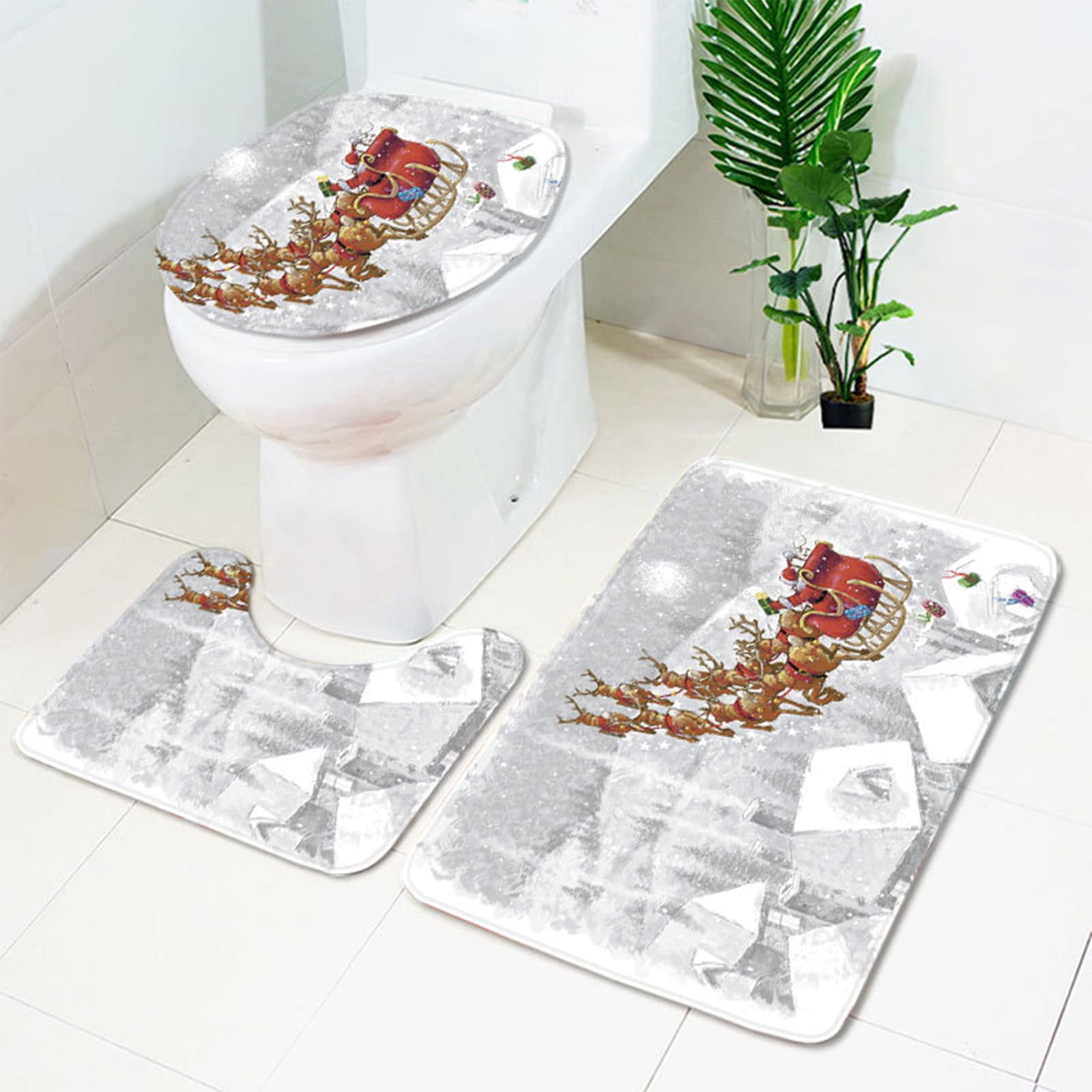 Gasue Christmas decoration 3 Piece Bathroom Rug Set Pedestal Rug Lid