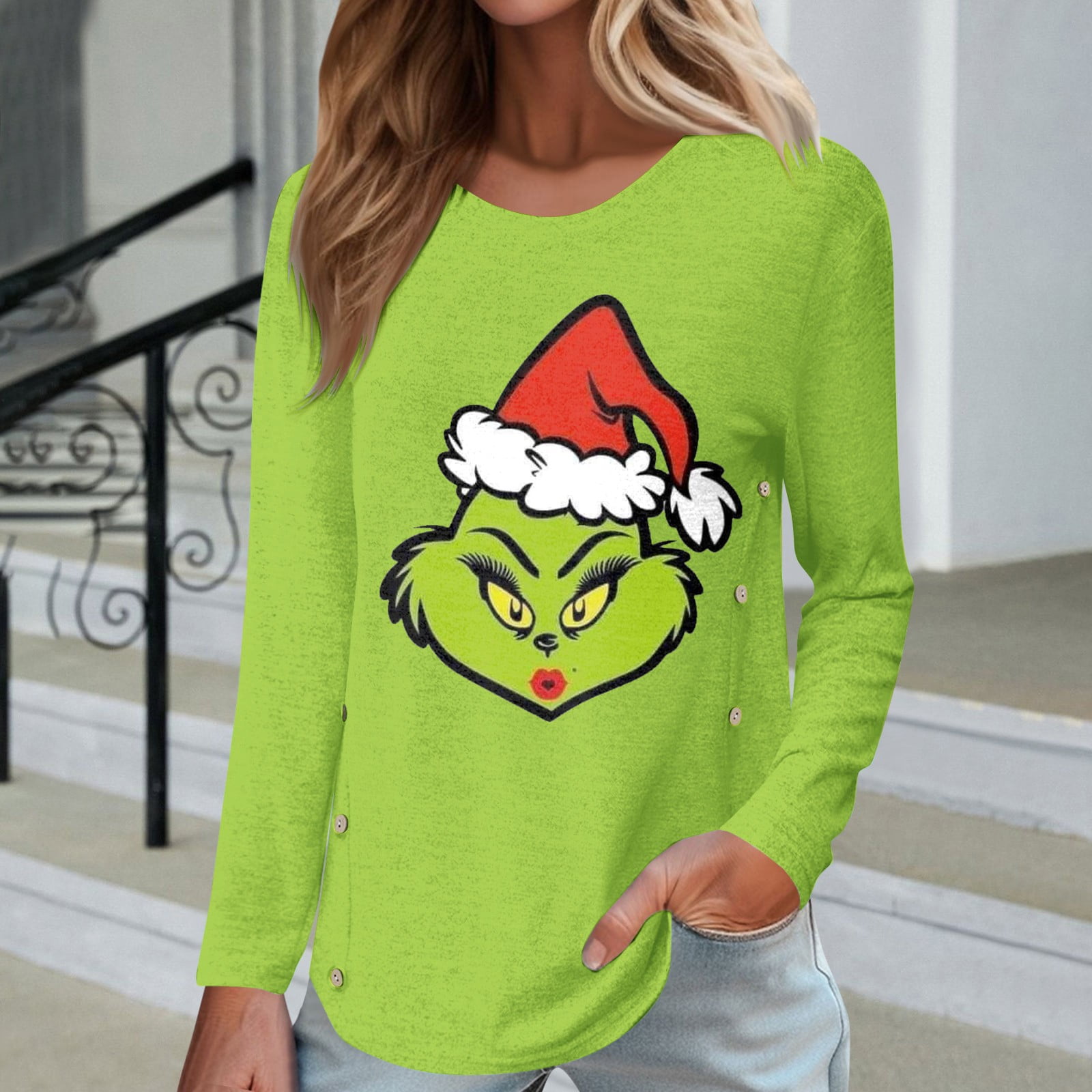 Gasue Grinch Christmas Shirt, Women's Casual Christmas Print Round Neck