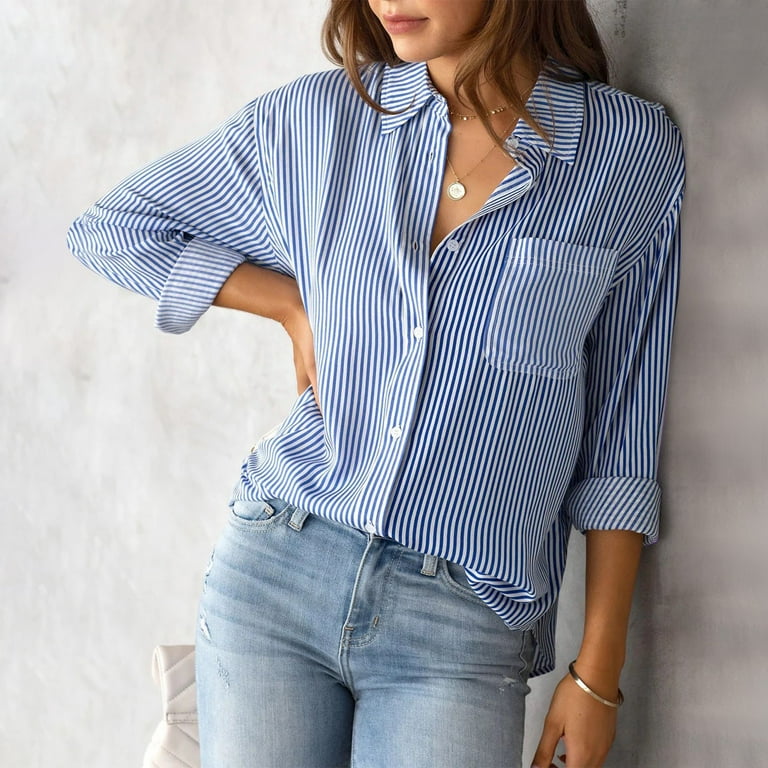Gasue Vintage Button Down Shirts for Women Solid Color Stand Coller Retro Shirt Holiday Work Fit Shirts Blue Blue L