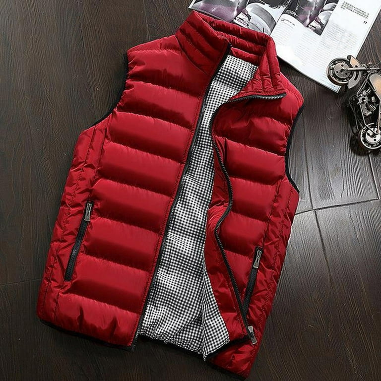 Gasue Warm Mens Puffer Vest Jackets in Winter 2023 Casual Street Style Sleeveless Solid Color Comfortable Coat Soft Journey Work Jackets Red 4XL