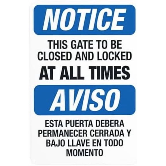 This Gate To Be Closed And Locked At All Times Bilingual Warning Sign, Gate Security Metal Signs for Business Home Outdoor Indoor Garage Street Wall Safety Caution Custom Decor 8 x 12 Inch