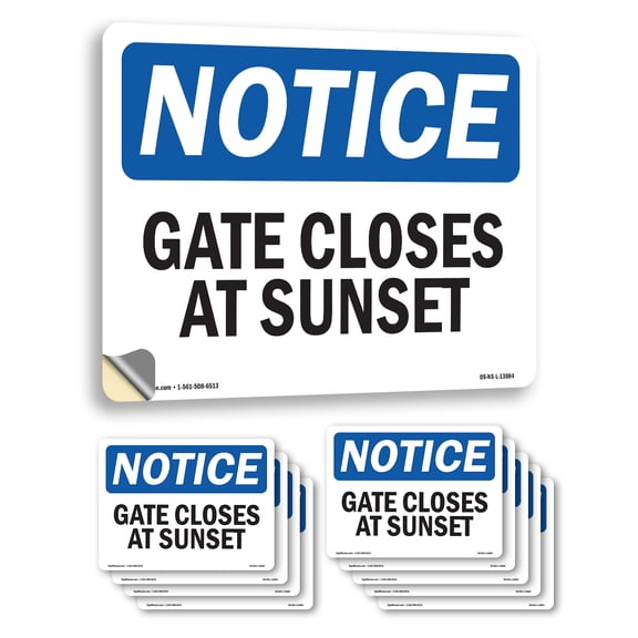 Gate Closes At Sunset OSHA Notice Vinyl Decal Label 5 Inch x 3.5 Inch - 10 Pack