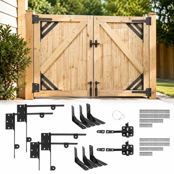 Gate Corner Brace Bracket Kit, anti-sag gate frame hardware with latch lock, screws, iron material, black finish