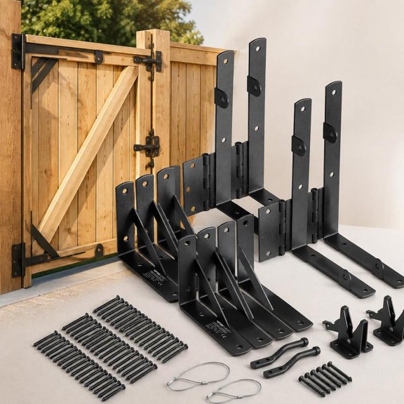 Gate Corner Brace Bracket Kit, anti-sag gate frame hardware with latch lock, screws, iron material, black finish