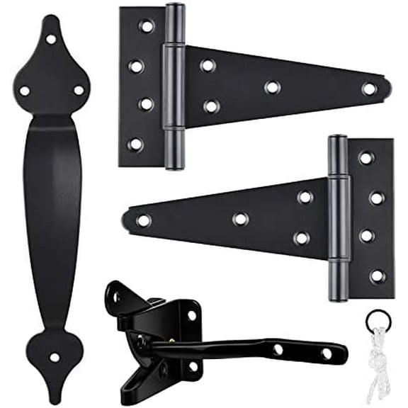 Gate Hardware Kit Heavy Duty,with Self Locking Gate Latch,6 inch T Strap Gate Hinges and 10 inch Gate Door Handle Pull,Shed Door Hardware Set for Wooden Vinyl Fence,Gate,Farm,Garden,Black Finish