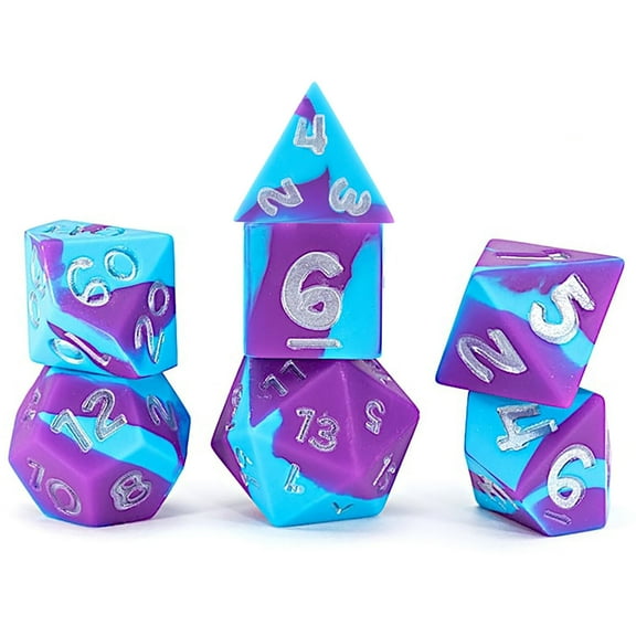 Gate Keeper Games & Dice: Anti-Stress Dice - Psionic Combat - 7pc RPG Set, Violet Purple & Cyan Blue Silicone Swirled, Role Playing Games Accessory