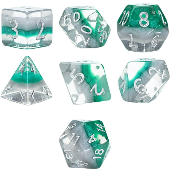 Gate Keeper Games & Dice: Eclipse Dice Elven - 7 Piece RPG Dice Set, Silver & Sylvan Green, 7 Resin Dice For Role Playing Games, 4-Layered Polyhedral