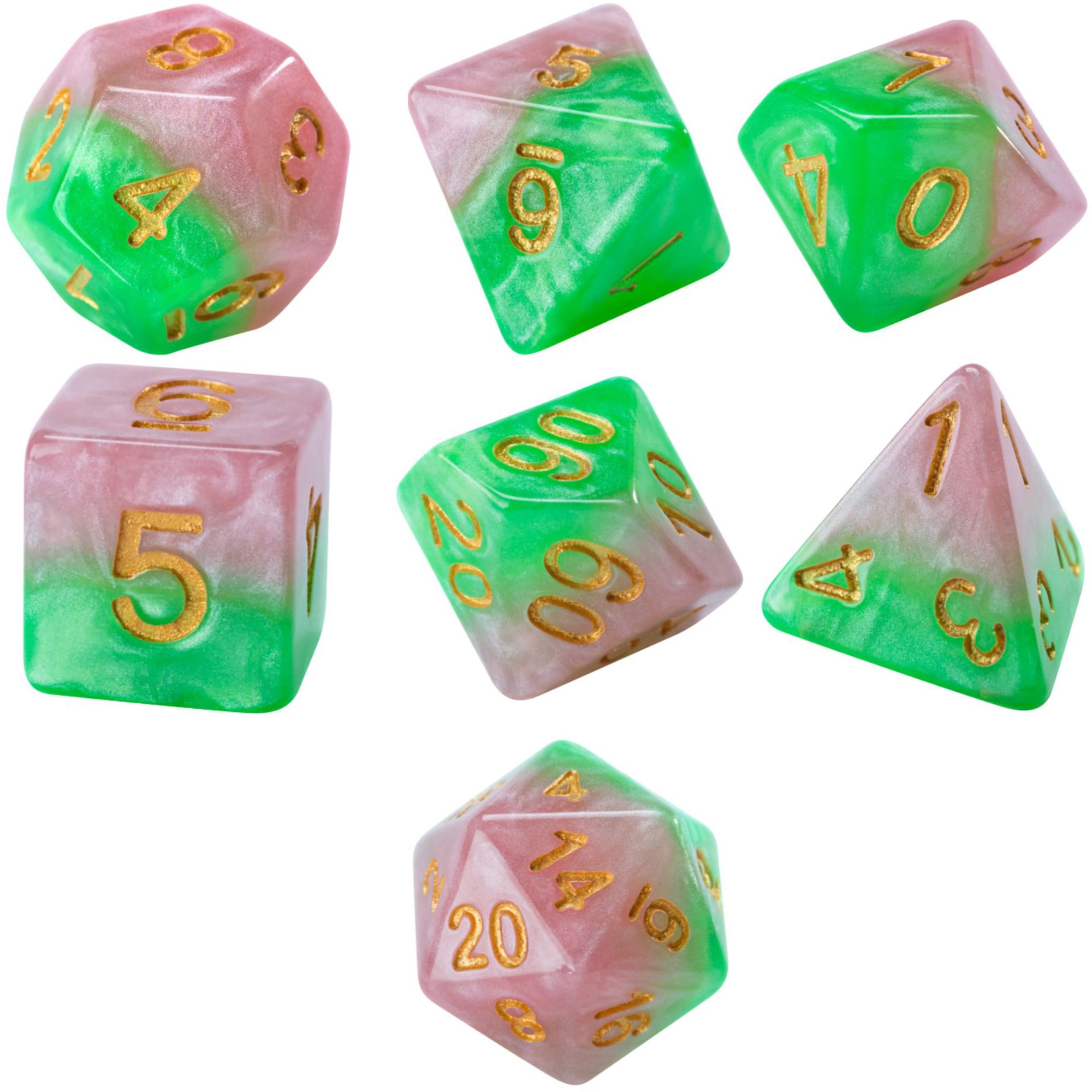 Gate Keeper Games and Dice: Halfsies Dice: Rose Dice - 7pc Set, Rose Petal Pink & Thorn Green, Pearlescent Swirl, 7 Resin Dice for Role Playing Games