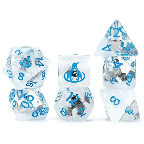 Gate Keeper Games and Dice: Inclusion Dice: Penguin Dice - 7pc RPG Set, Baby Penguin on Snow-White Glitter-Infused Resin, Blue Numerals, Role Playing
