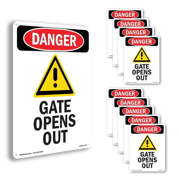 Gate Opens Out OSHA Danger Rigid Plastic Sign 24 Inch x 18 Inch - 10 Pack
