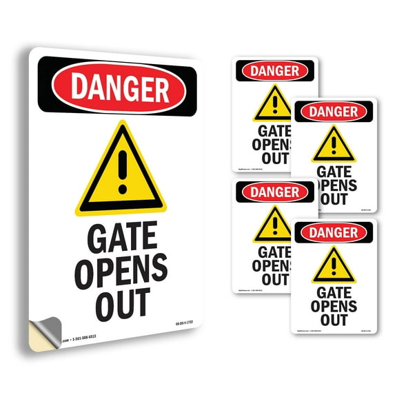 Gate Opens Out OSHA Danger Vinyl Decal Label 5 Inch x 3.5 Inch - 5 Pack