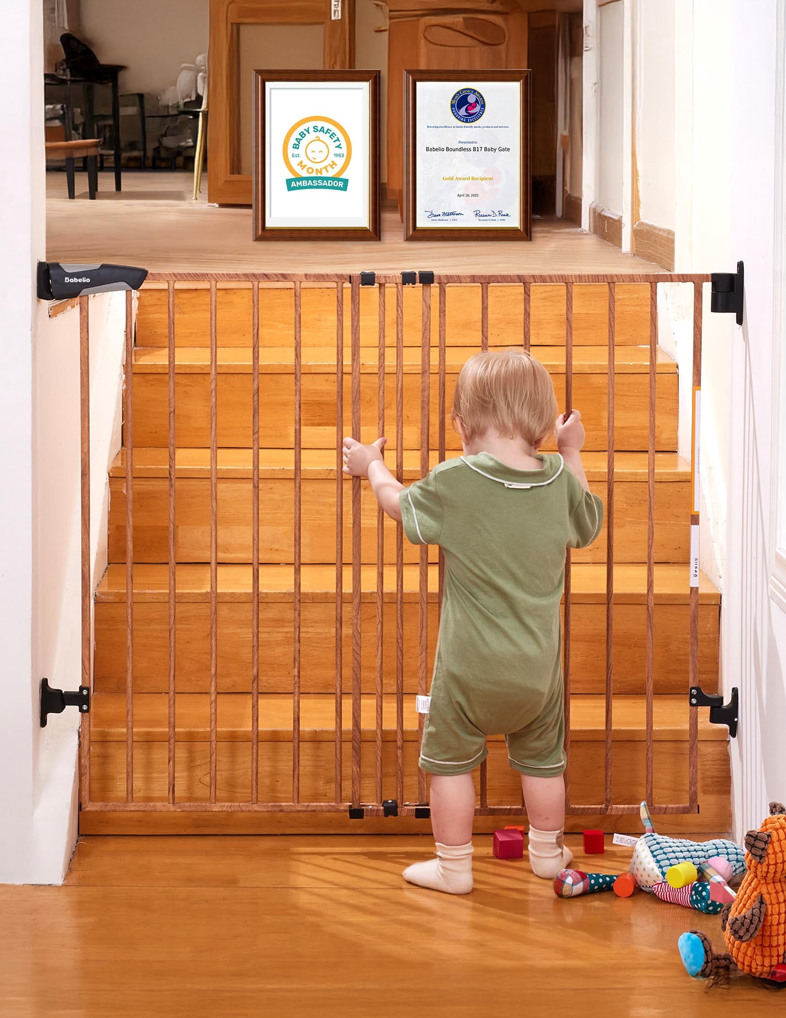 Gate for Stairs & Doorways, 26-43" W 34" H Extra Tall| No Bottom Bar| Easy Installation| One-handed Operation| Auto-close| Hardware Mount (Drill Needed) Safety Dog/Pet Gate Indoor (White)