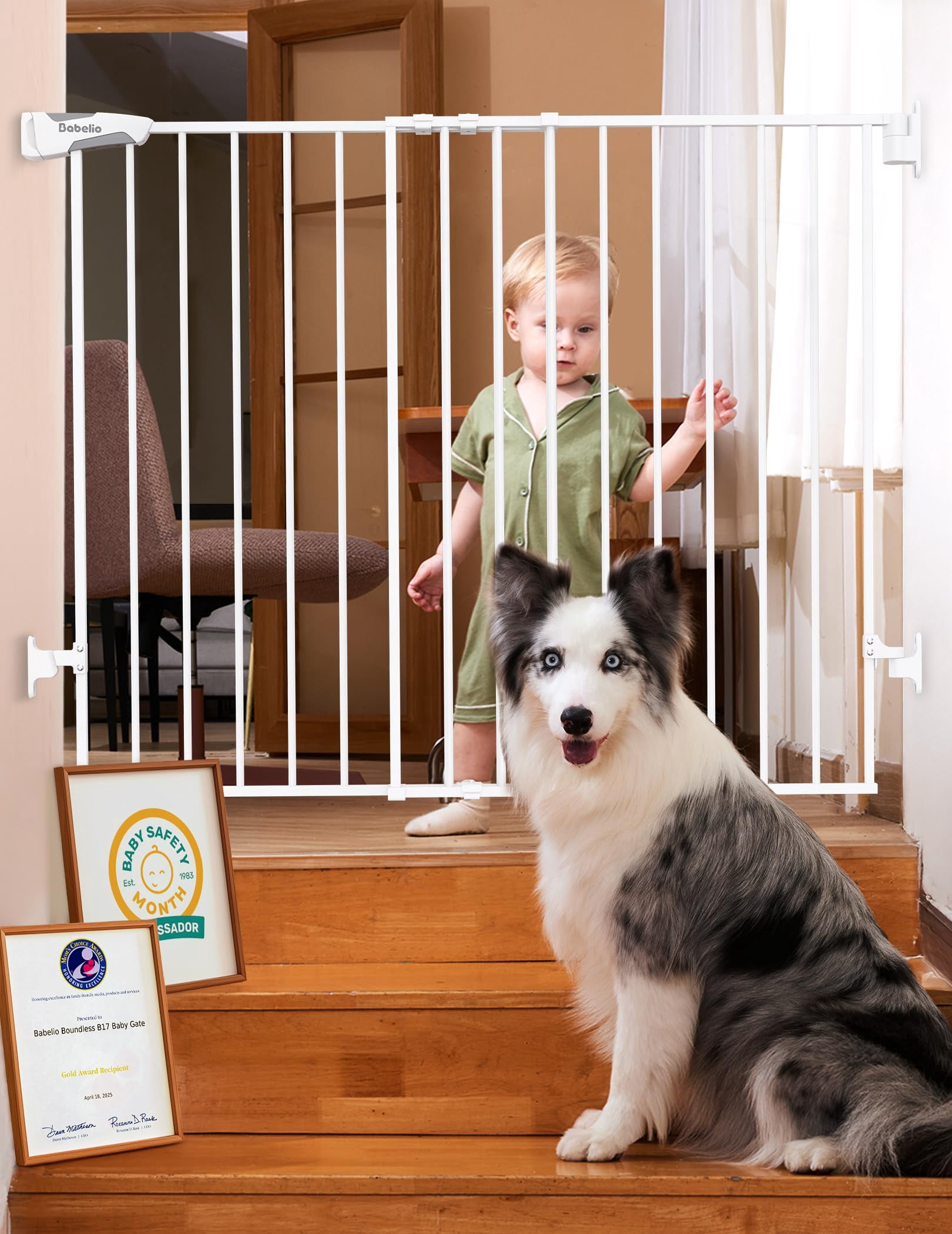 Gate for Stairs & Doorways, 26-43" W 34" H Extra Tall| No Bottom Bar| Easy Installation| One-handed Operation| Auto-close| Hardware Mount (Drill Needed) Safety Dog/Pet Gate Indoor (White)
