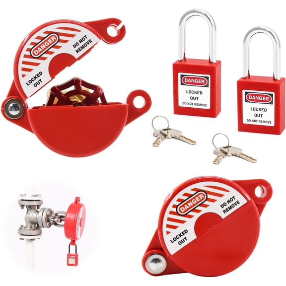 Gate Valve Lockout and Safety Padlock, 2Sets, Hose Bib Lock for Outdoor Faucet Knob/Water Spigot/Propane Tank, 1 to 2-1/2 in Dia Valve Handles, Plastic Red Secure Locks Device for Outside Garden