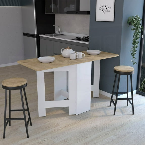 Gateleg Folding Table in White / Macadamia, Offering Compact Design and Space-Saving Solution for Living Room