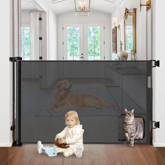 Gates with Cat Door 80" Wide Retractable Dog Gate with Pet Door Outdoor Retractable Gate for Dogs Retractable Pet Gate with Door Mesh Gate Retractable Mesh Dog Gate (Black)