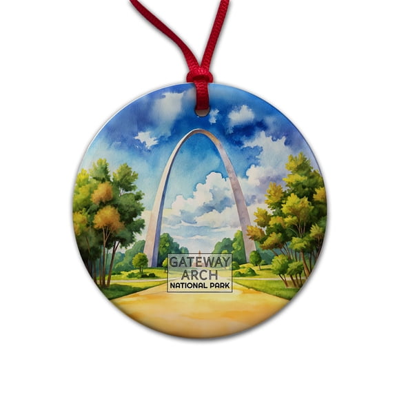 Gateway Arch National Park Missouri Watercolor Christmas Tree Holiday Round Ceramic Ornament