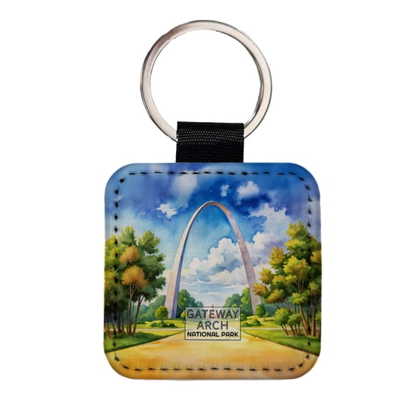 Gateway Arch National Park Missouri Watercolor Faux Leather Square Keychain