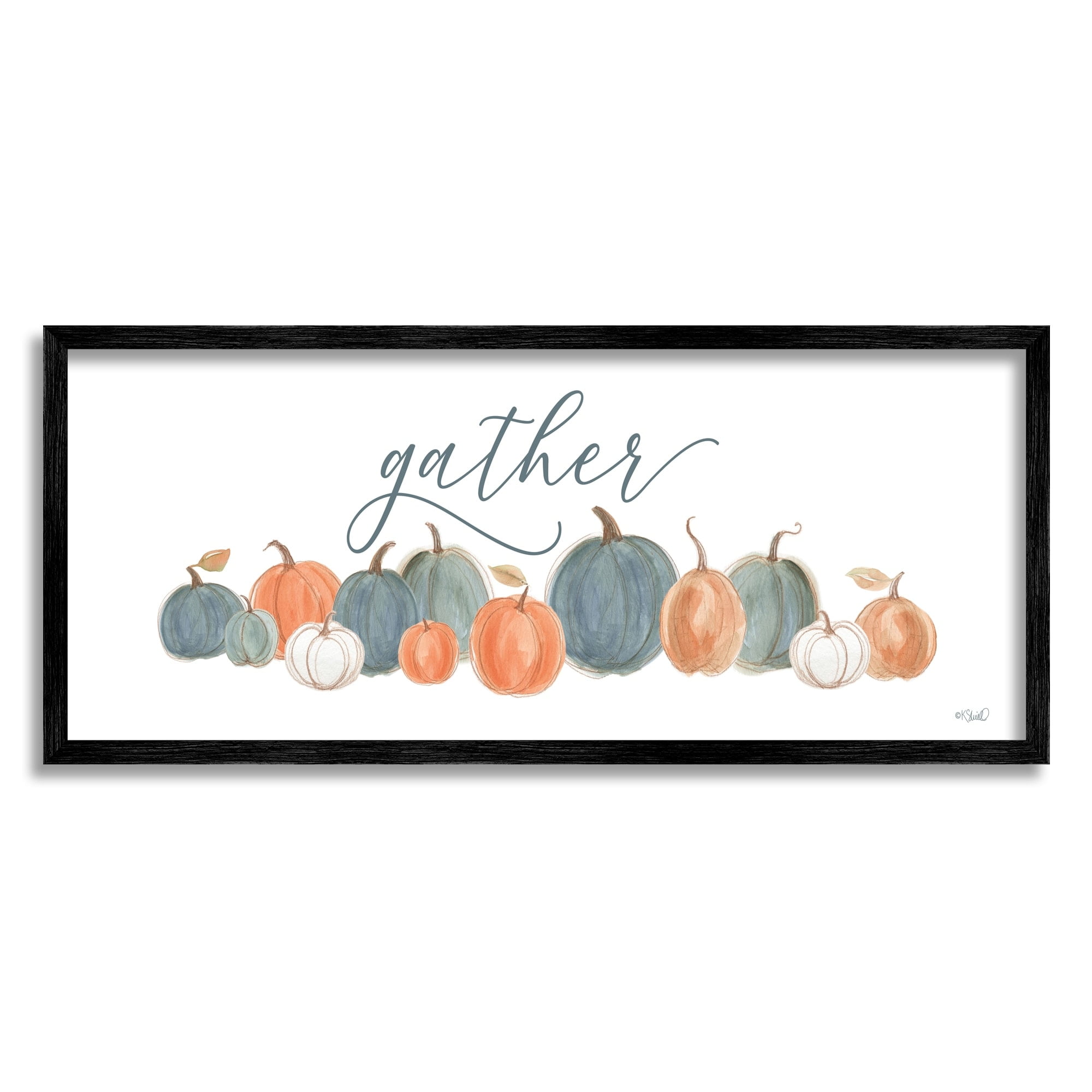 Gather Cursive Script Minimal Autumnal Pumpkins Arrangement Botanical & Floral Graphic Art Framed Art Print Wall Art