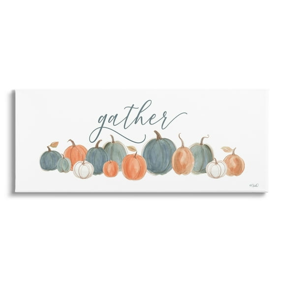 Gather Cursive Script Minimal Autumnal Pumpkins Arrangement Botanical & Floral Graphic Art Gallery-Wrapped Canvas Print Wall Art