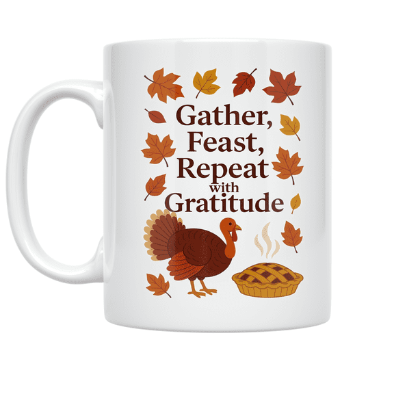 Gather Feast Repeat with Gratitude - Thanksgiving Enthusiast - 11 oz Ceramic Coffee Mug