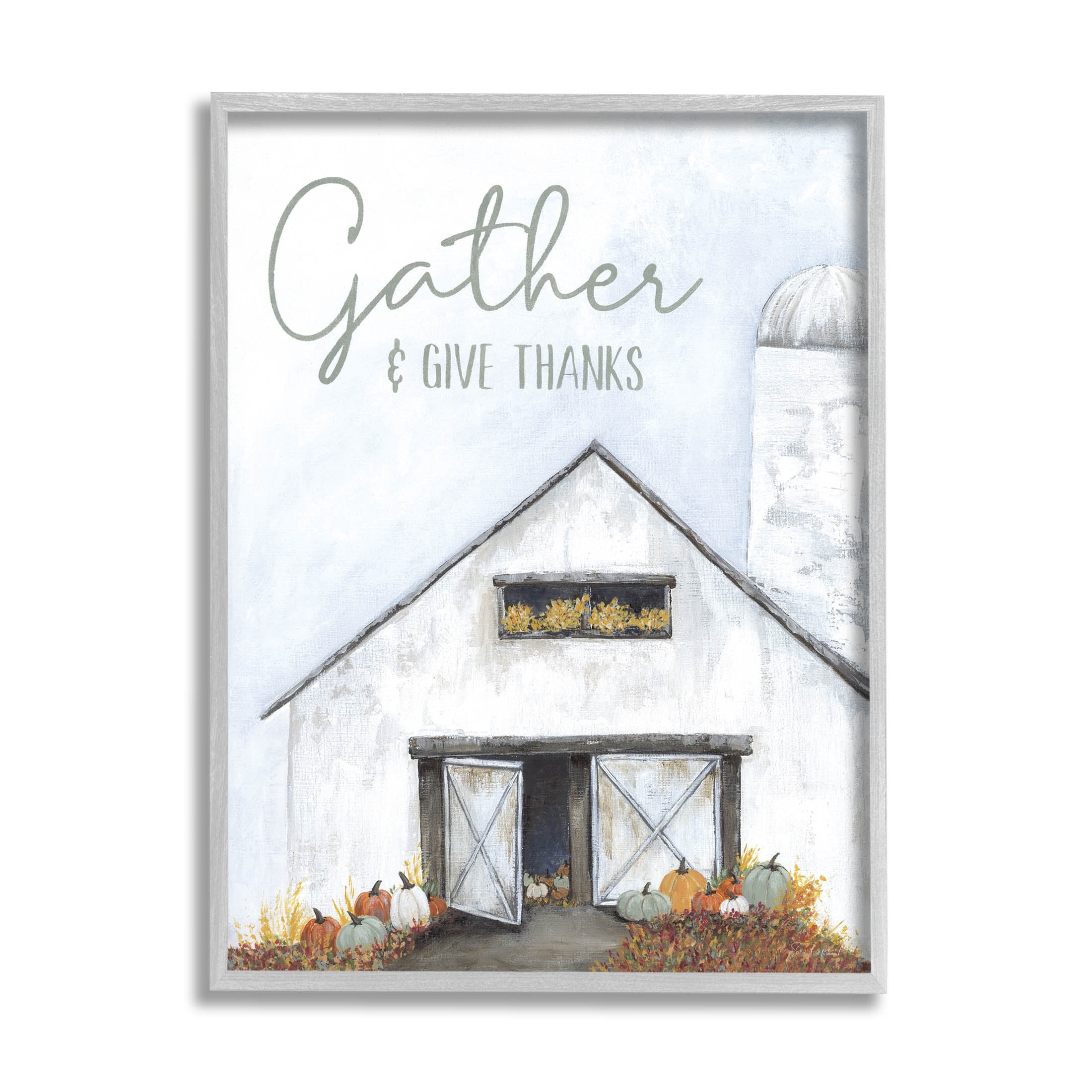 Gather & Give Thanks Autumn Barn Holiday Graphic Art Gray Framed Art Print Wall Art