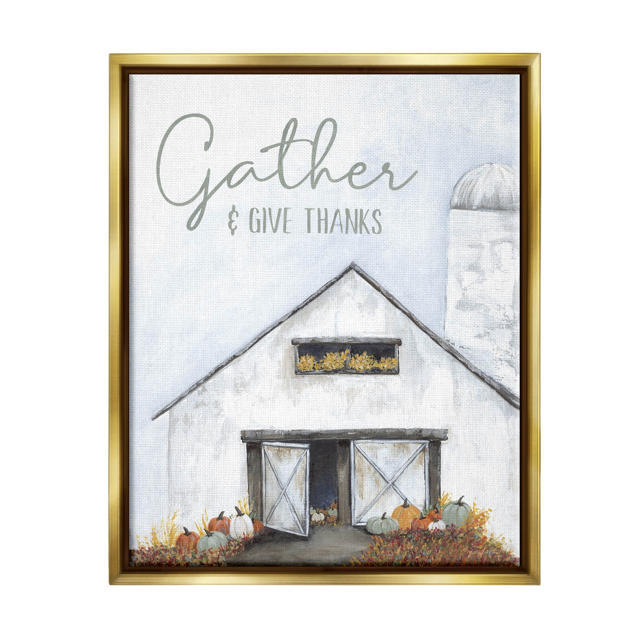Gather & Give Thanks Autumn Barn Holiday Graphic Art Metallic Gold Framed Art Print Wall Art