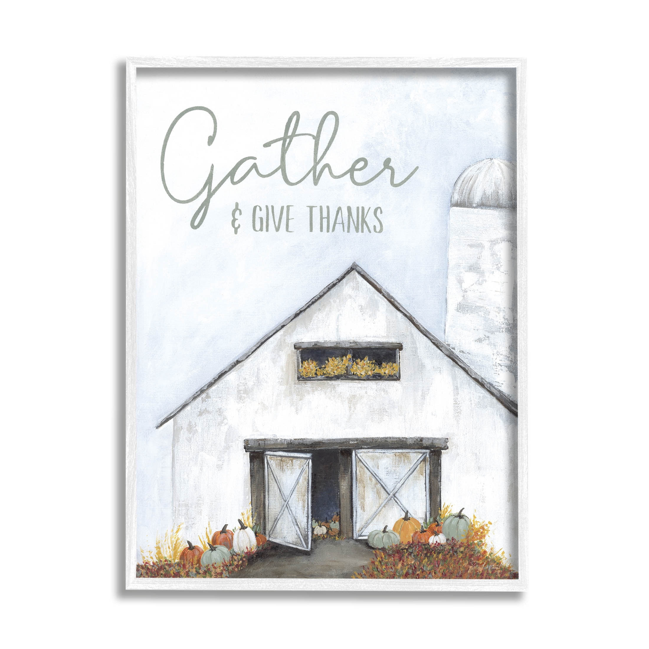 Gather & Give Thanks Autumn Barn Holiday Graphic Art White Framed Art Print Wall Art
