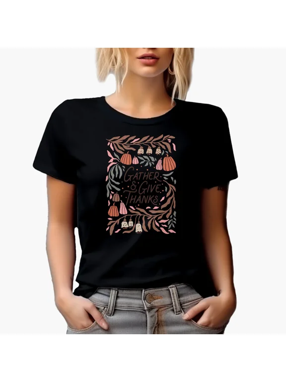 Gather & Give Thanks, Botanical Boho Inspired Art, Thanksgiving Day Merch Gift, Black T-Shirt, Large