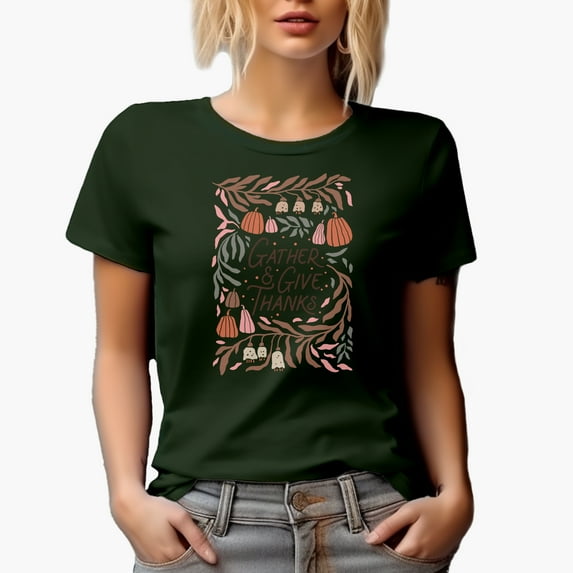 Gather & Give Thanks, Botanical Boho Inspired Art, Thanksgiving Day Merch Gift, Military Green T-Shirt, Large