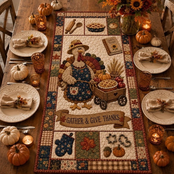 Gather Give Thanks Quilted Table Runner, Thanksgiving Turkey Autumn Table Scarf, Fall Harvest Pumpkin Pie Decor, Rustic Holiday Family Gift