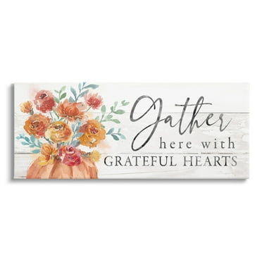 Gather Grateful Hearts Seasonal Harvest Rustic Phrase Botanical & Floral Graphic Art Gallery-Wrapped Canvas Print Wall Art