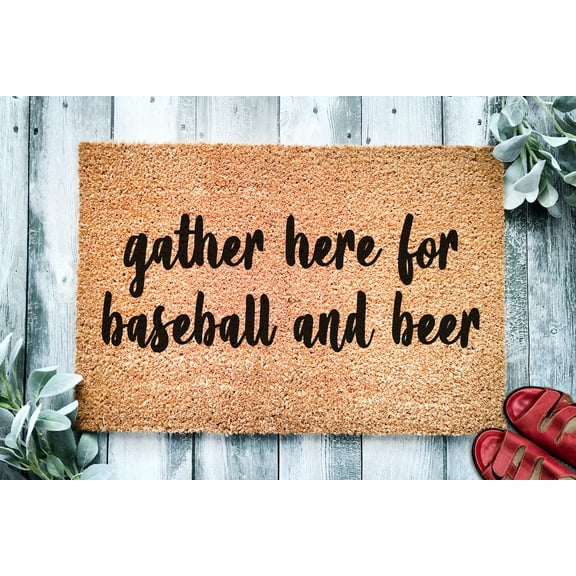 Gather Here For Baseball and Beer | Sports Doormat | Welcome Mat | Funny Door Mat | Funny Gift | Home Doormat | Closing Gift | New Home