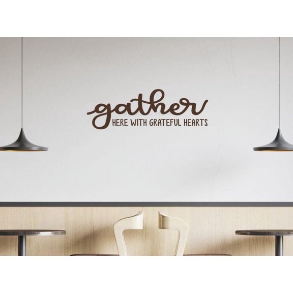 Gather Here With Grateful Hearts Kitchen Wall Decal Sticker Quote Vinyl Lettering 23x8-Inch Chocolate Brown