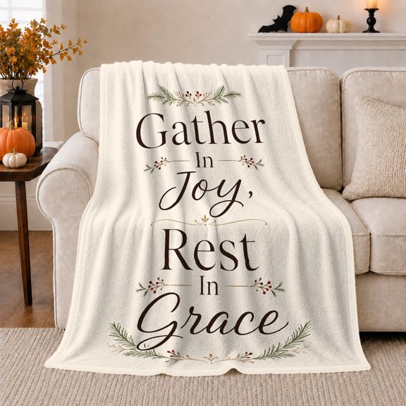 Gather Joy Grace Couch Scene, Warm Serif Script Typography Style for Faith Lovers, Berry Branch Quote Theme and Thanksgiving Gift, Soft Flannel Blanket for Living Room Reading Nook, Home Decor