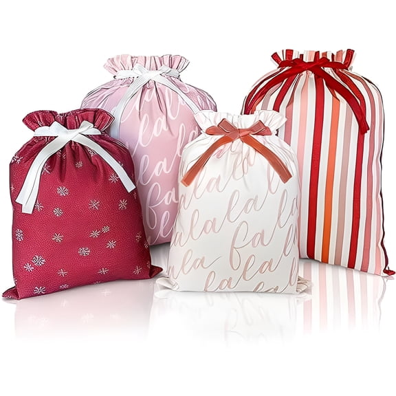 Gather & Knot Drawstring Christmas Gift Bags | 20" Large 16" Medium | Pink Fa La La | Premium Canvas | Reusable Fabric Wrap for Holidays | Mix & Match Set